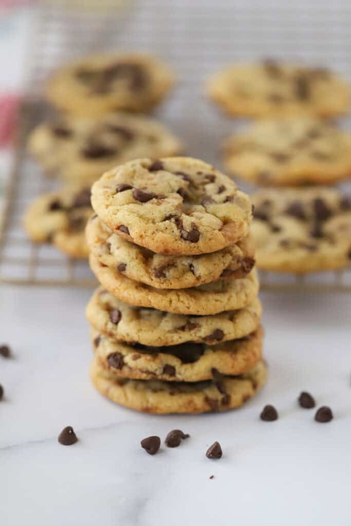 A stack of mini chocolate chip cookies.