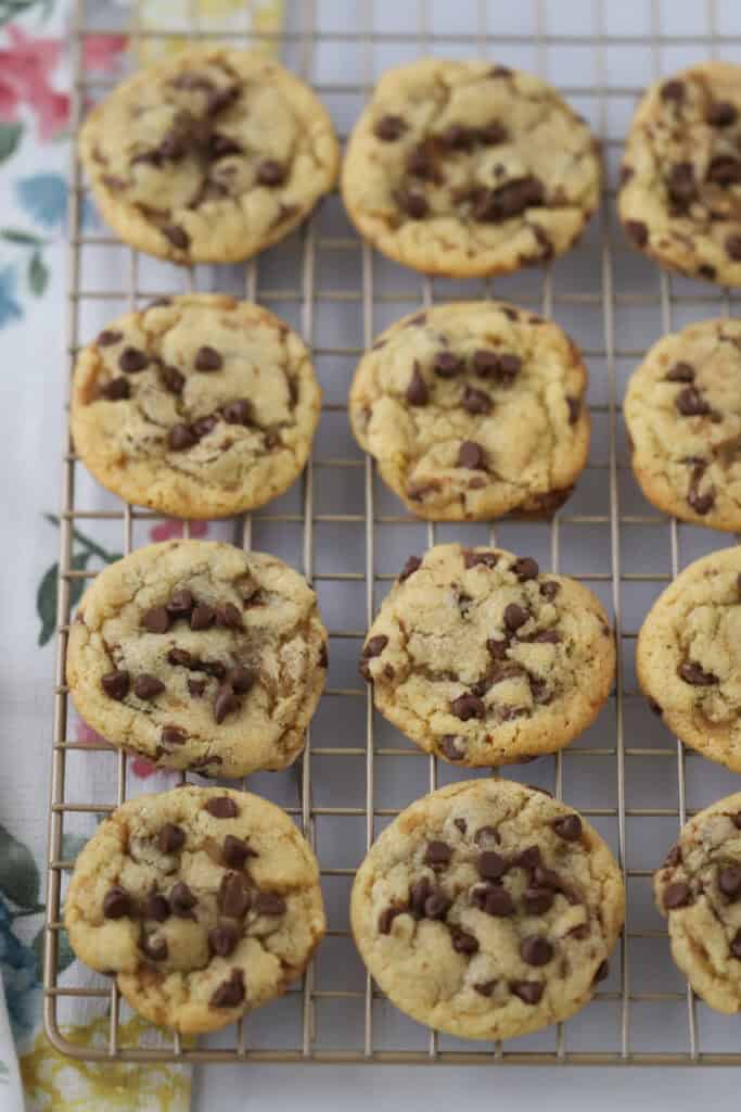 A wire cooling rack with mini chocolate chip cookies bites.