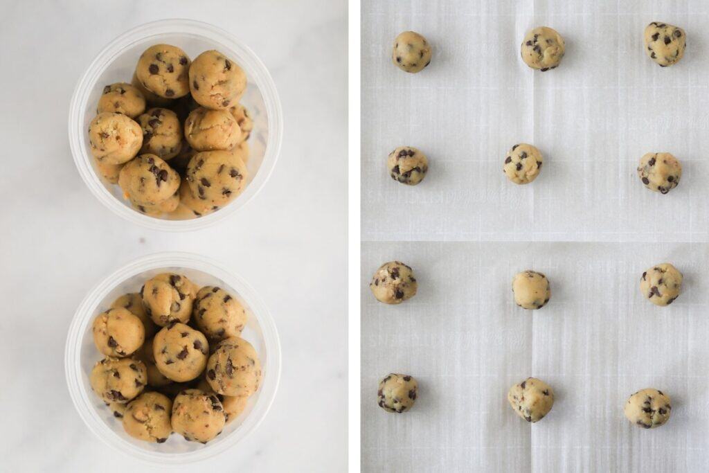Balls of cookie dough for making mini chocolate chip cookies.