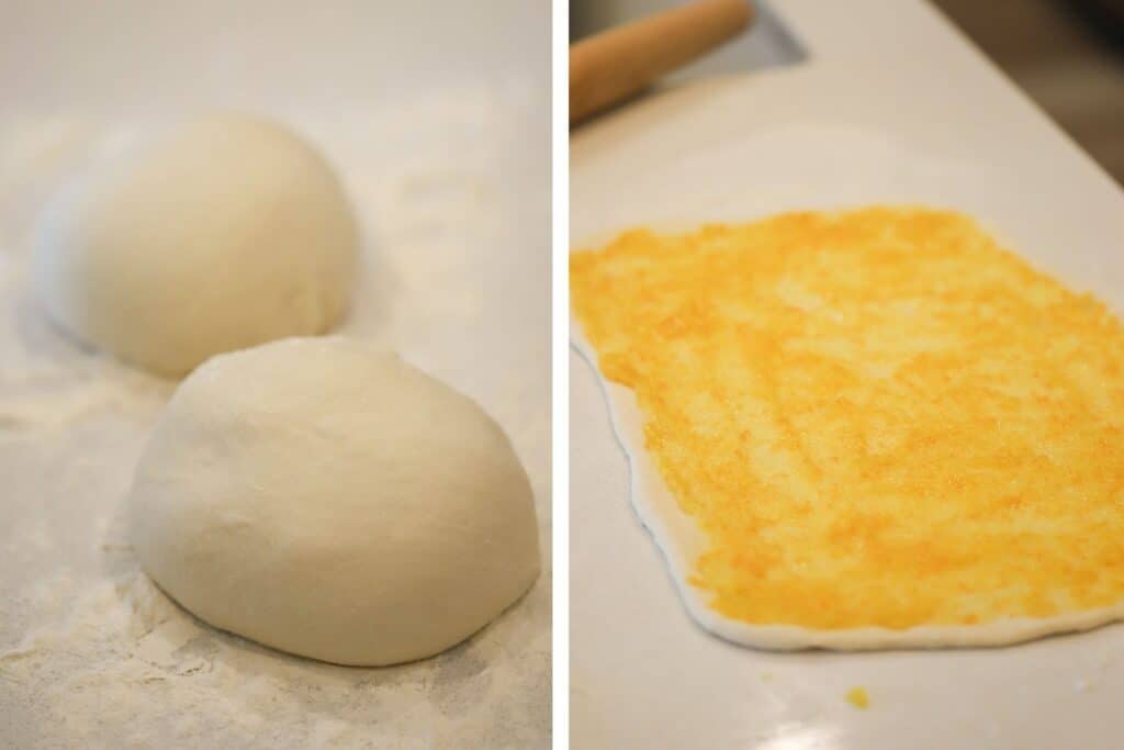 Dough balls being roll out thin and spread with a thin layer of orange glaze.