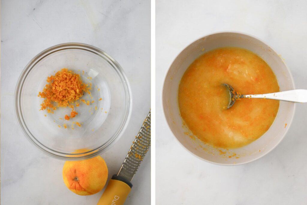 Mixing orange zest with other ingredients in a small glass bowl.