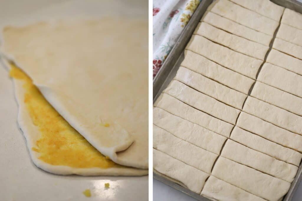 Adding the orange filling to the center of these breadsticks.