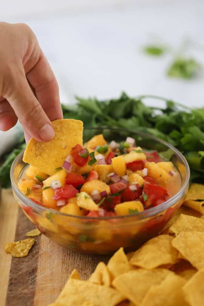 A hand holding a chip and dipping it into peach salsa.