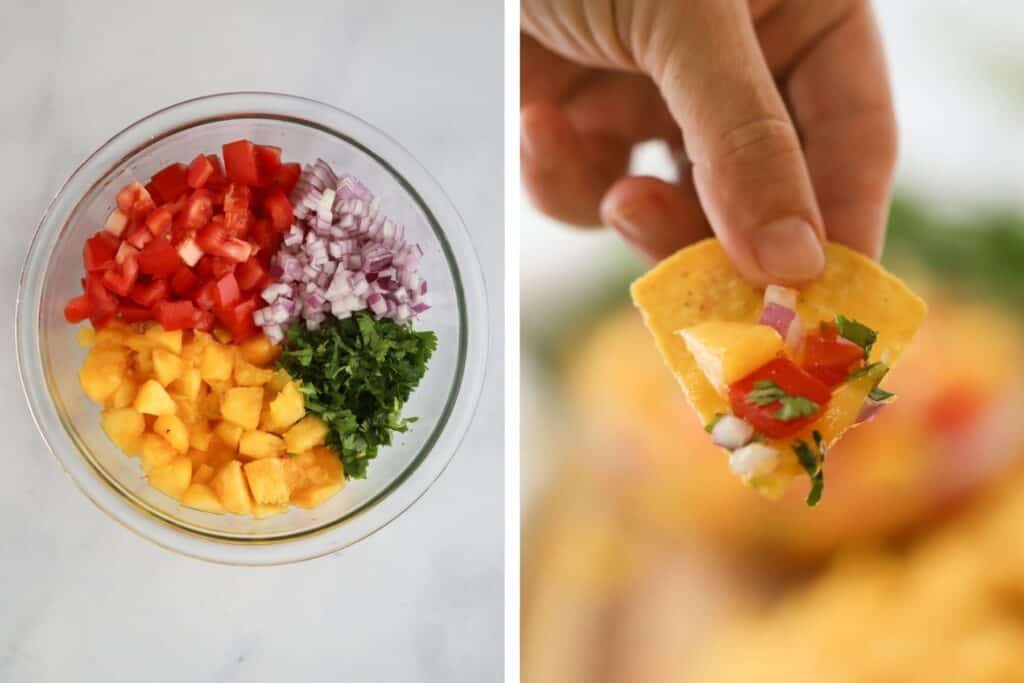 The ingredients for making peach salsa in a bowl ready to mix.