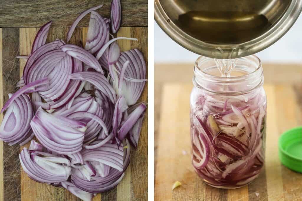 Making quick pickled red onions by pouring bring over thinly sliced onions in a mason jar.