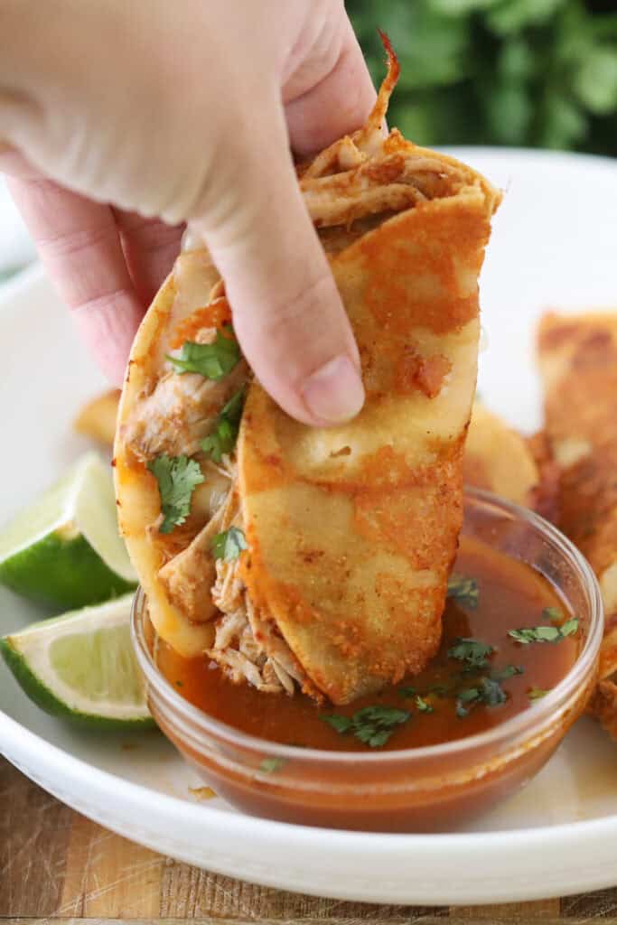 A hand dipping a pork birria taco into birria sauce.