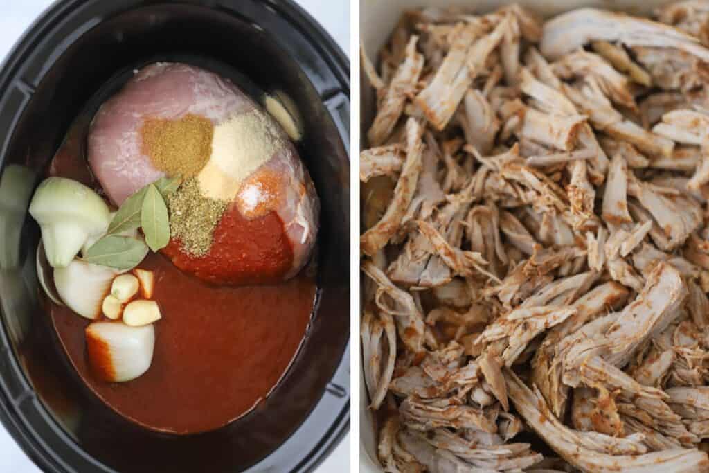 A slow cooker with pork and seasoning to make shredded pork shoulder birria.