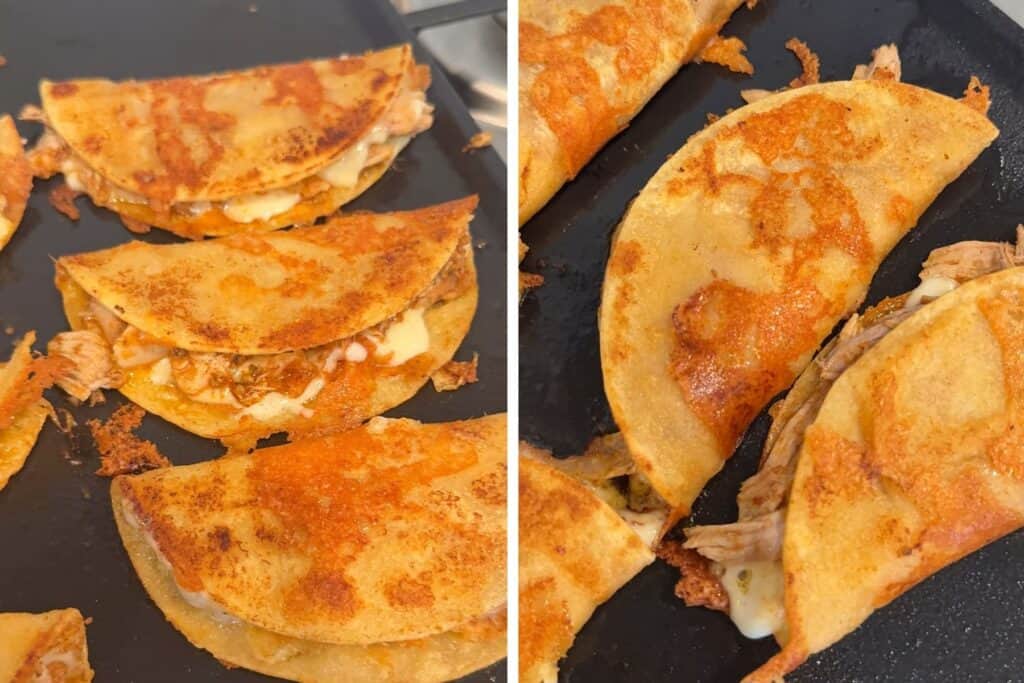 A griddle with birria tacos cooked until golden.