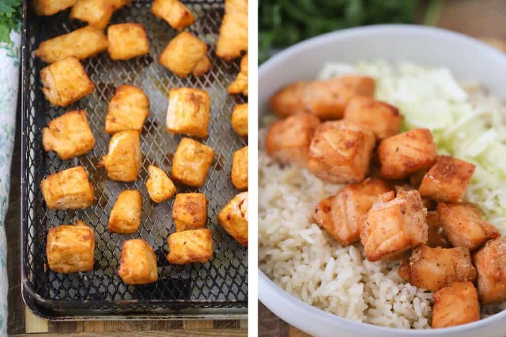 Salmon bites on top of a bed of rice.