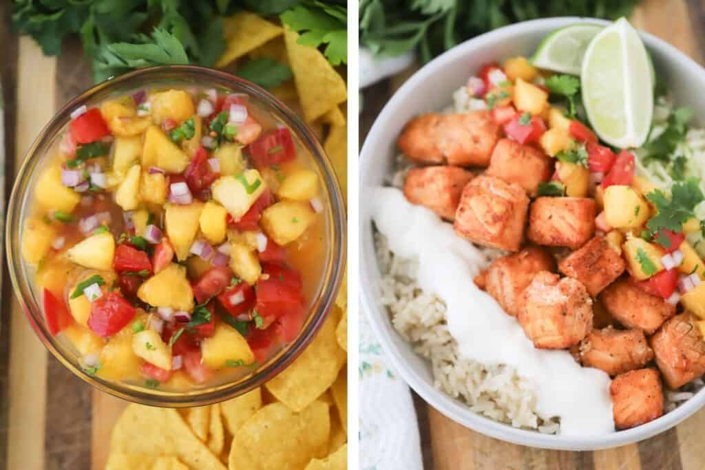 Peach salsa in a bowl and on top of a bed of rice in a salmon bowl.