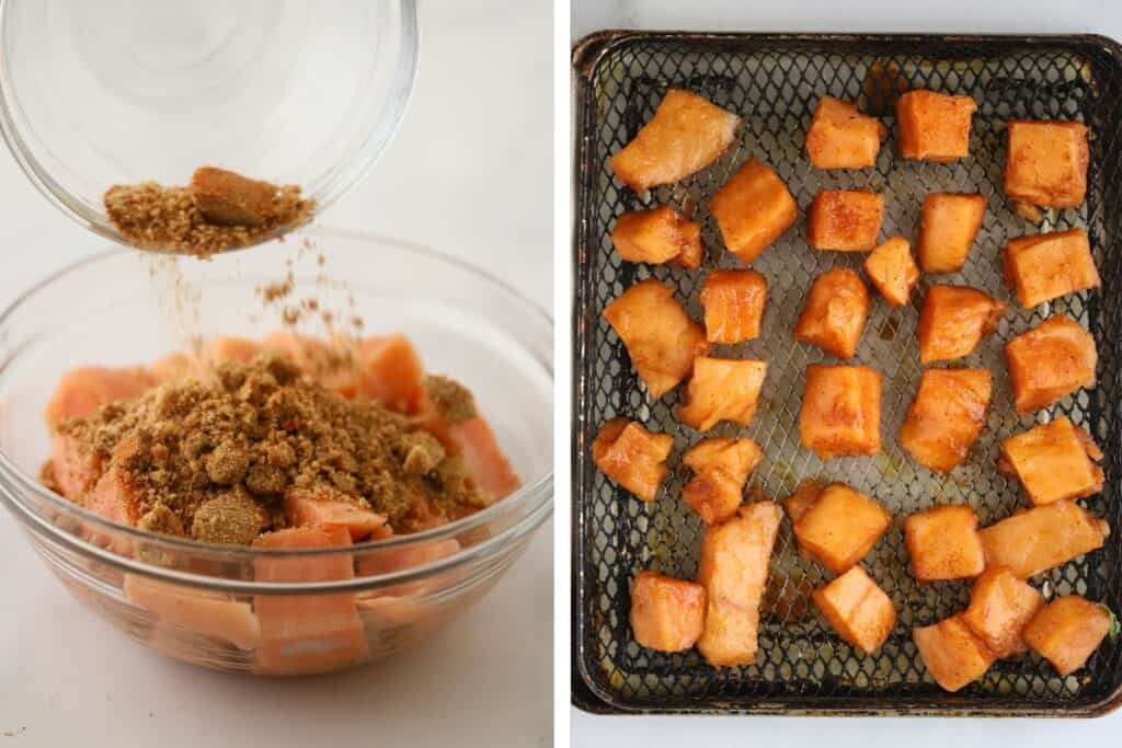 Adding spice rub to salmon bites before cooking.