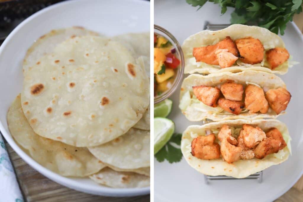 Tortillas cooked and loaded up with air fryer salmon.