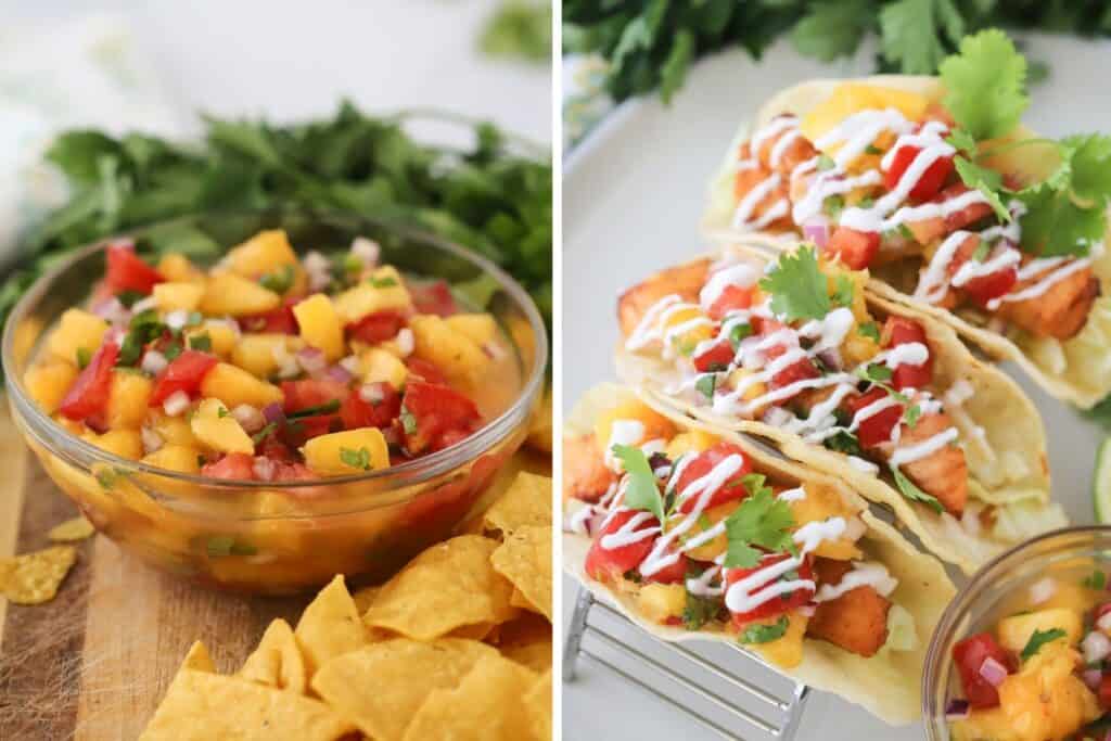 Assembled fish tacos with a bowl of peach salsa next to it.