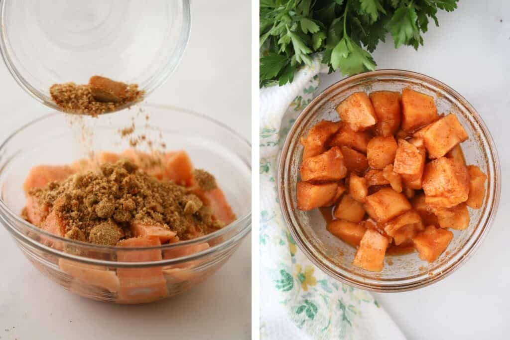 Covering salmon bites with brown sugar glaze before cooking.