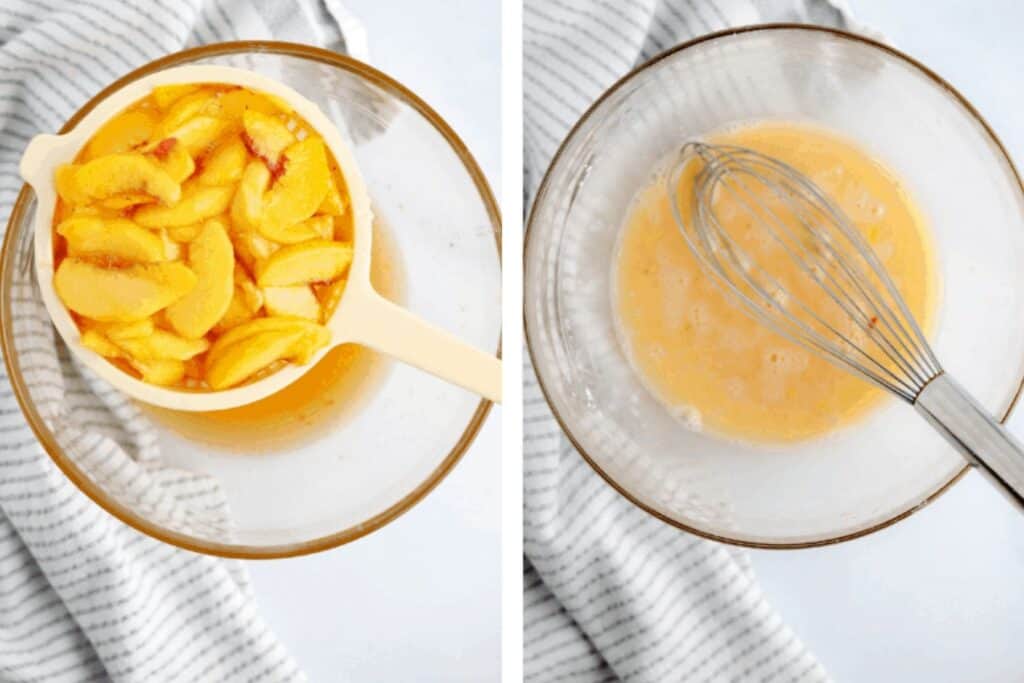 two photos showing the steps for capturing juice for making the fresh peach pie filling recipe.