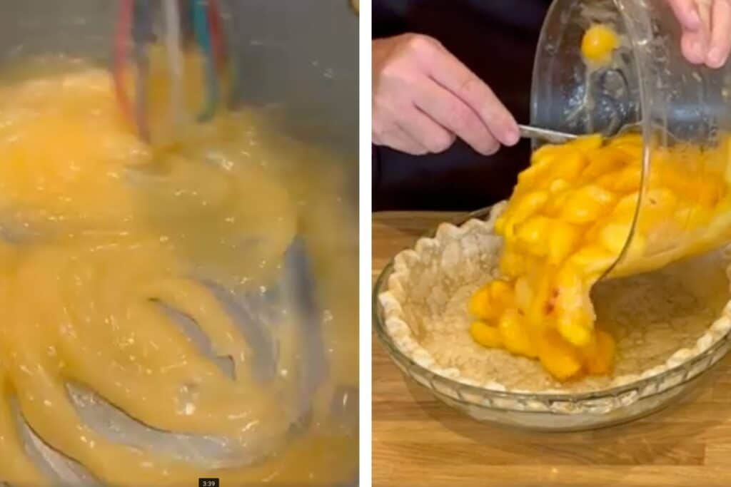 two photos showing making the thickening glaze for the peach pie made from peach juices, lemon juice, sugar, almond extract, butter and water.  Pouring the hot filling into the blind baked pie crust. 