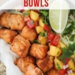 how to make salmon bites bowls recipe, salmon bites, rice and peach salsa