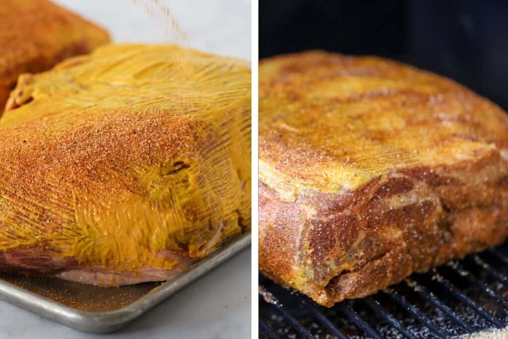 Yellow mustard rubbed all of the outside of a large pork shoulder.