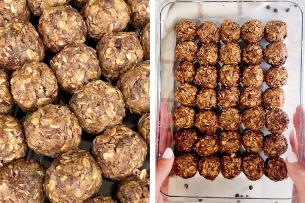 Chocolate chip oatmeal balls in a tupperware container.