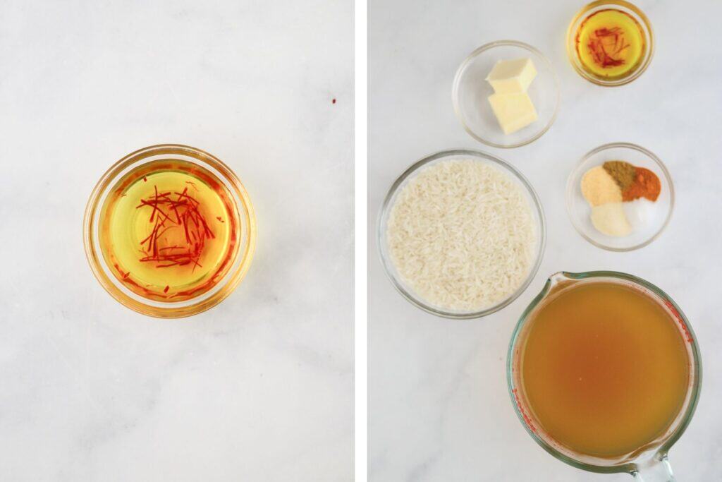 Saffron blooming in warm water next to bowls of the other ingredients for making yellow saffron rice.