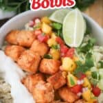 Easy dinner, salmon bites bowls recipe, salmon bites, rice and peach salsa
