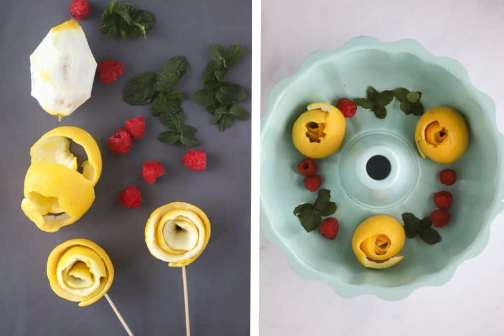 A bundt cake with the lemon rosettes, raspberries, and mint leaves at the bottom.