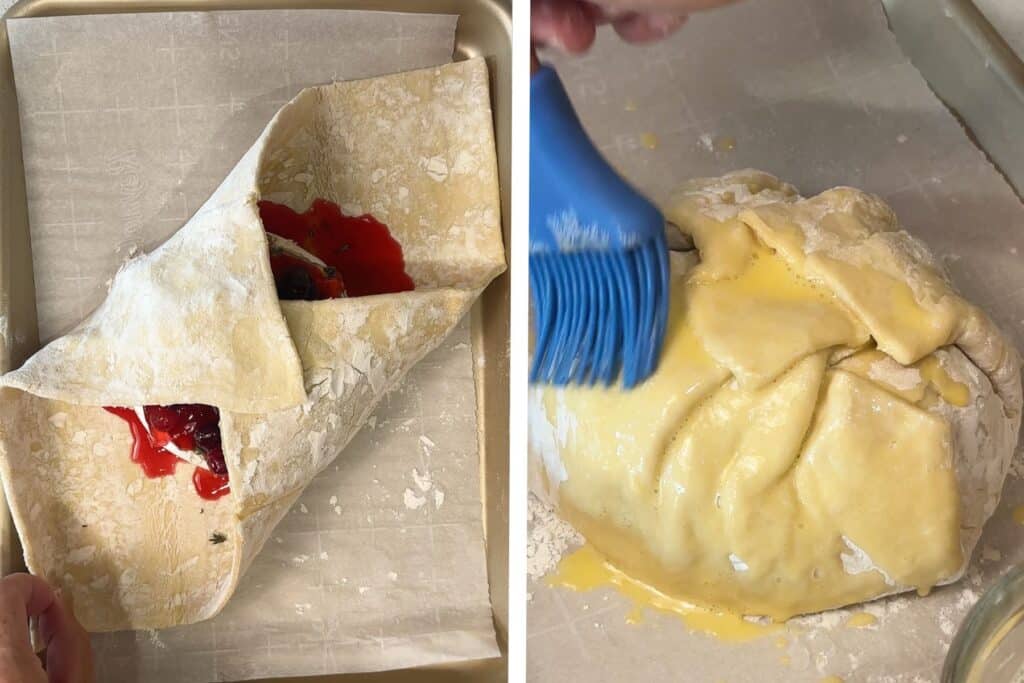 Wrapping up cranberry and brie inside a puff pastry sheet, then brushing the outside with egg wash.