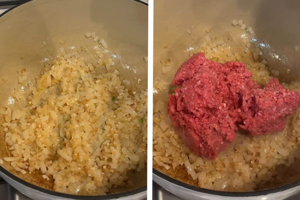 A Dutch oven with onions and ground beef cooking.