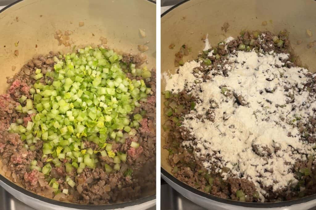 Diced celery added on top of ground beef cooking in a dutch oven, with flour sprinkled over the top.