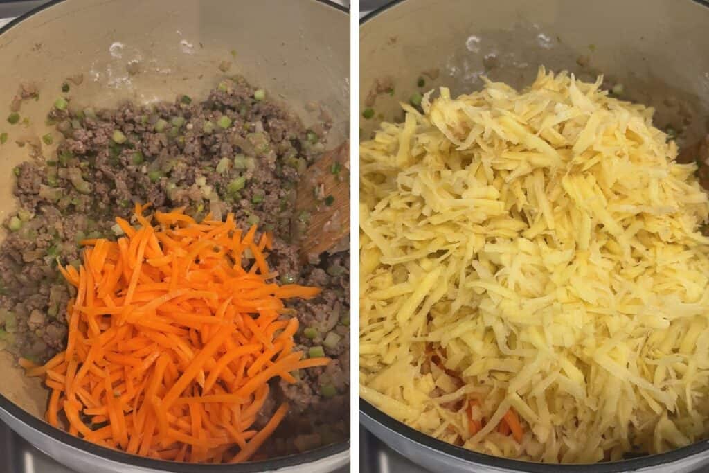 A Dutch oven with a mixture of ground beef, shredded carrots, and shredded potatoes.