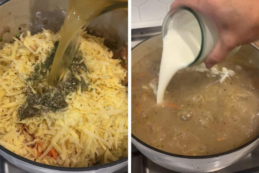 Pouring broth and then heavy cream into a soup in a Dutch oven.
