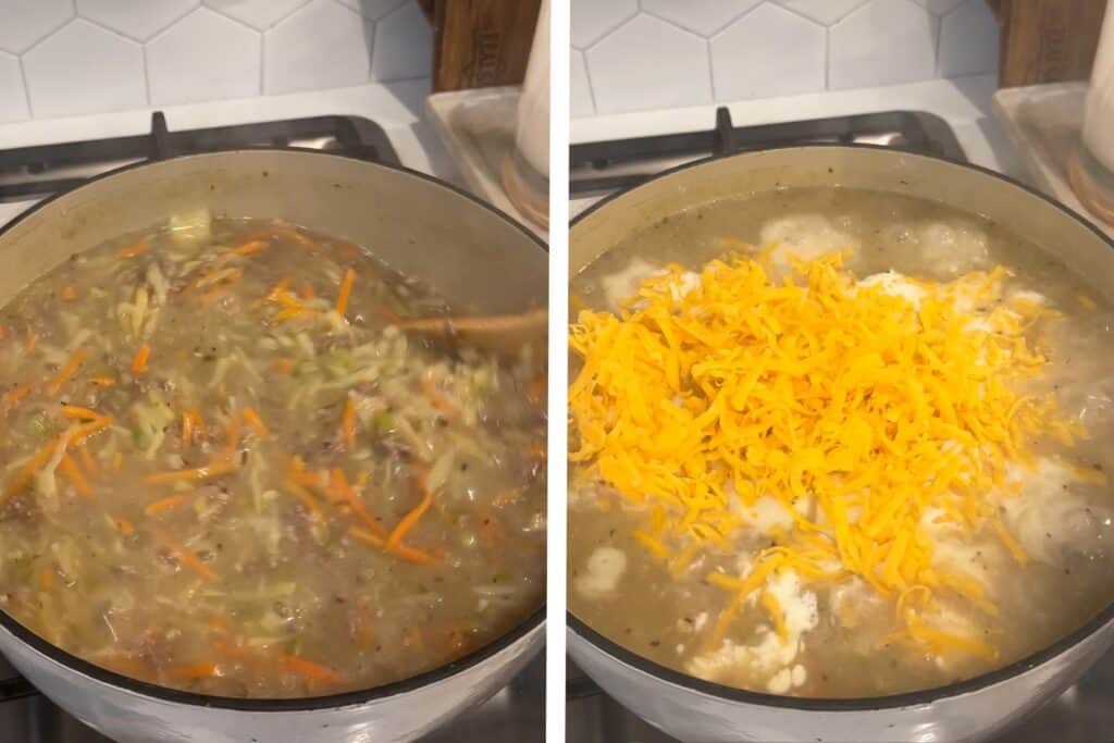 A Dutch oven full of cheeseburger soup topped with more shredded cheese that is going to be mixed in.