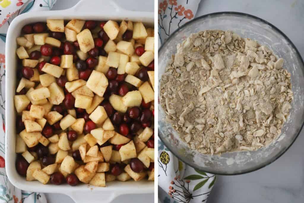 Cranberries and diced apples in a baking dish with a bowl full of oat crumble next to it.