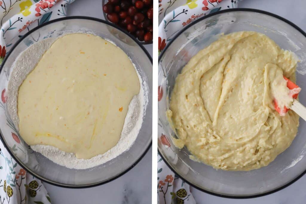 A glass mixing bowl full of batter to make cranberry orange bundt cake.