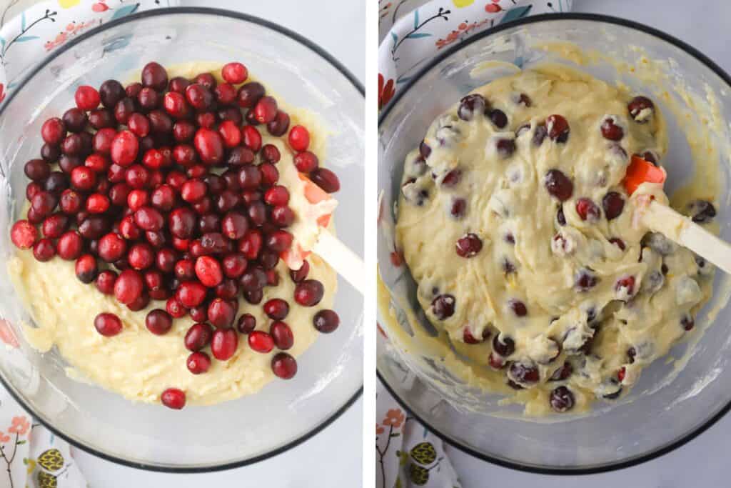 Batter in a glass mixing bowl showing how to fold in the cranberries.