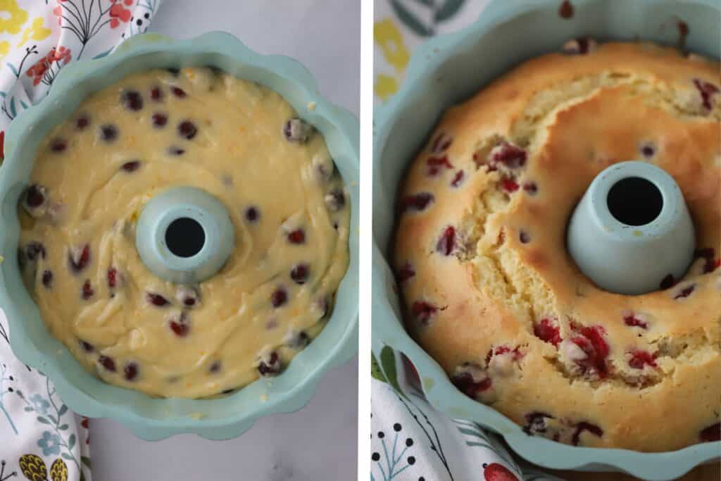 A bundt cake with baked case in the inside&mdash;cranberry orange bundt cake.