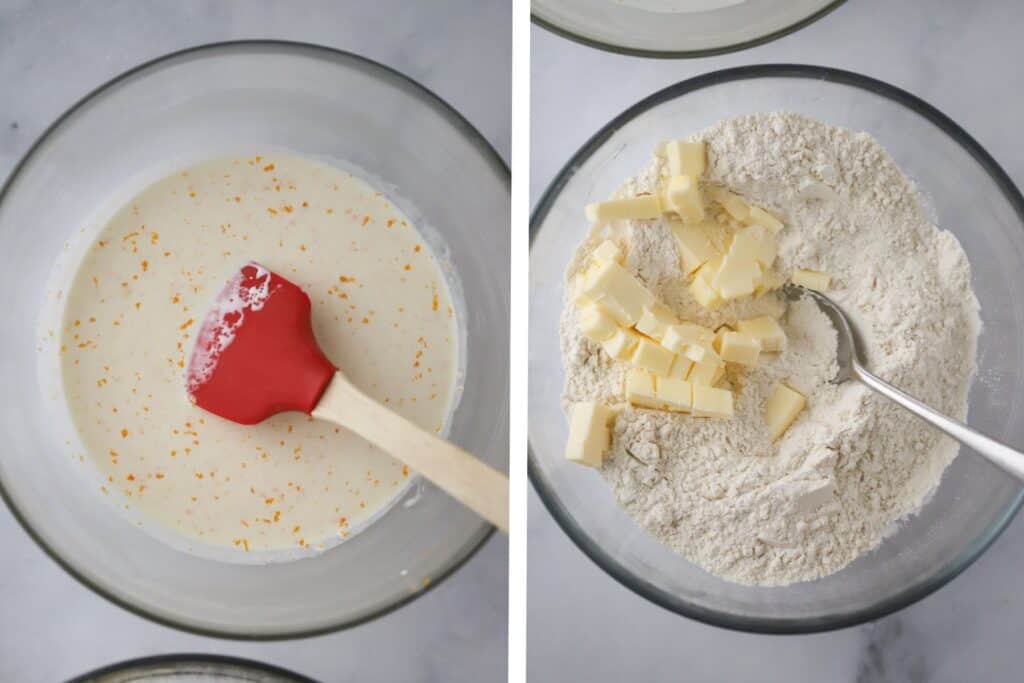 Mixing small pieces of butter into flour alongside orange zest in cream.