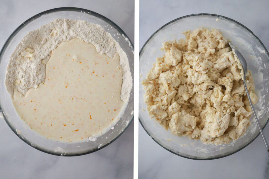 Scone dough being mixed together with a spoon.
