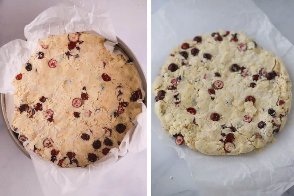 Scone dough shaped into a circle and filled with fresh cranberries.