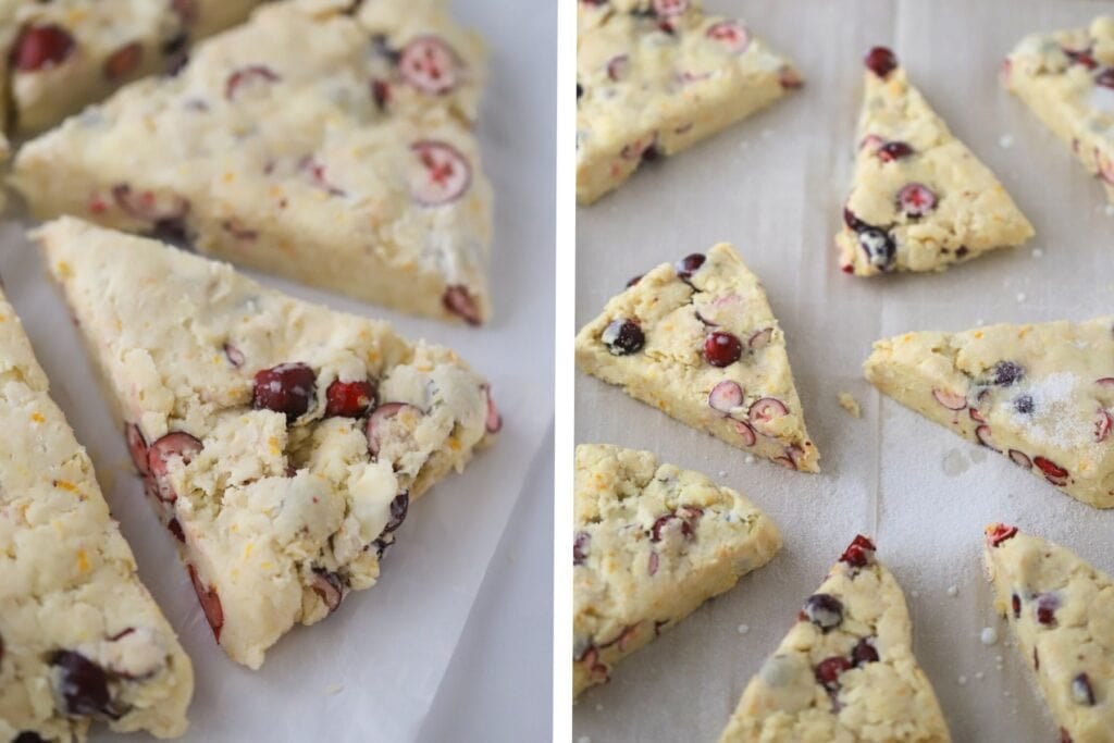 Scones with cranberries and orange zest cut into triangles and ready to bake.