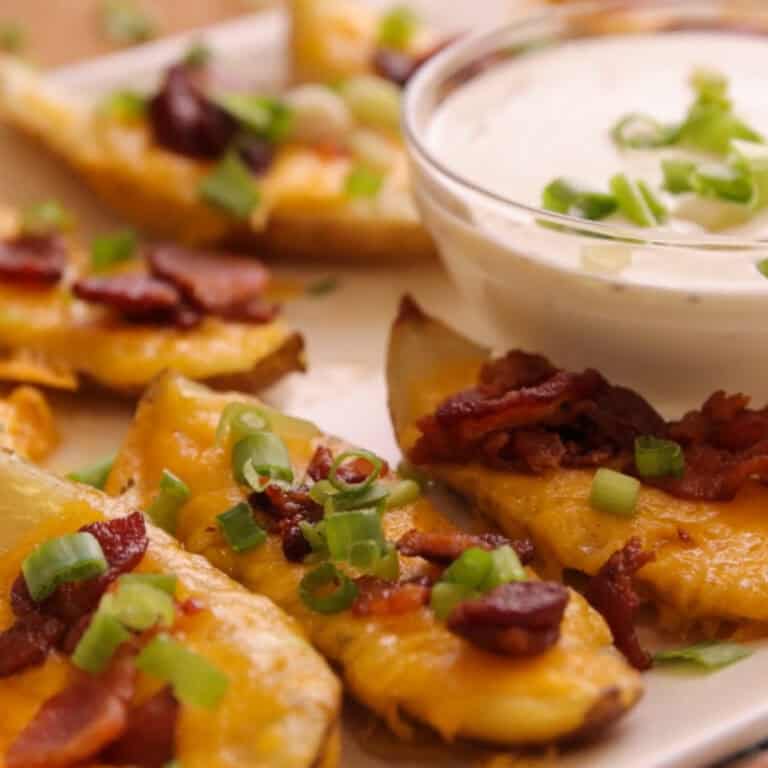 loaded baked potato skins reicipe with cheese and bacon, easy baked potato skins recipe