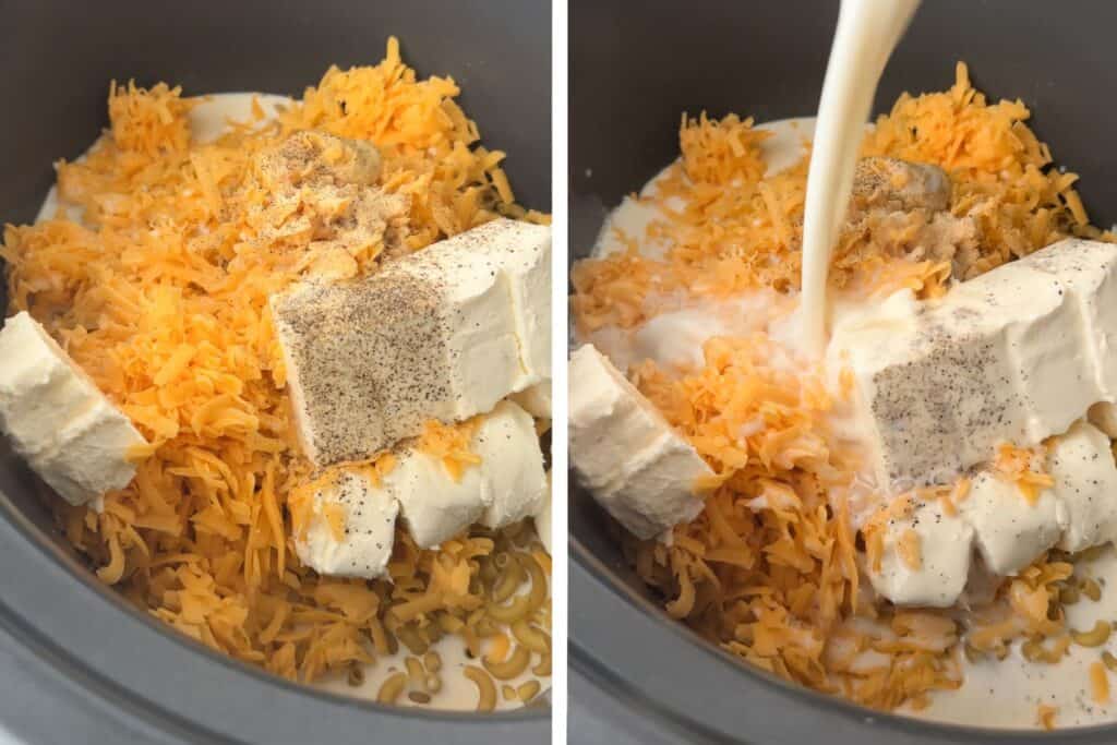 A slow cooker with the ingredients for mac and cheese being added.