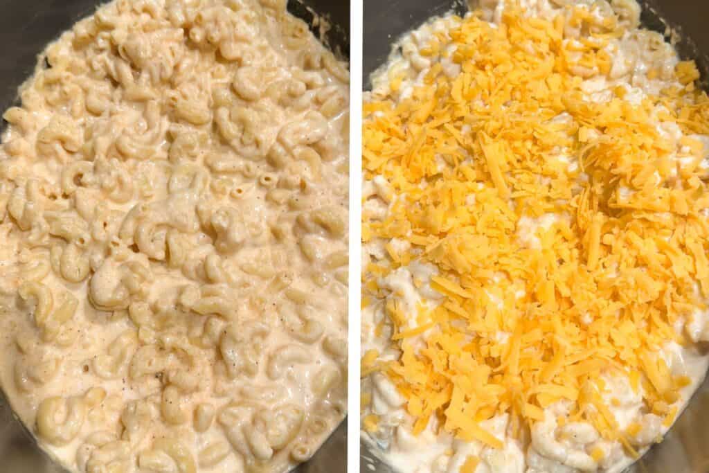 A crockpot with melted cheese sauce and macaroni with more shredded cheddar cheese sprinkled over the top.