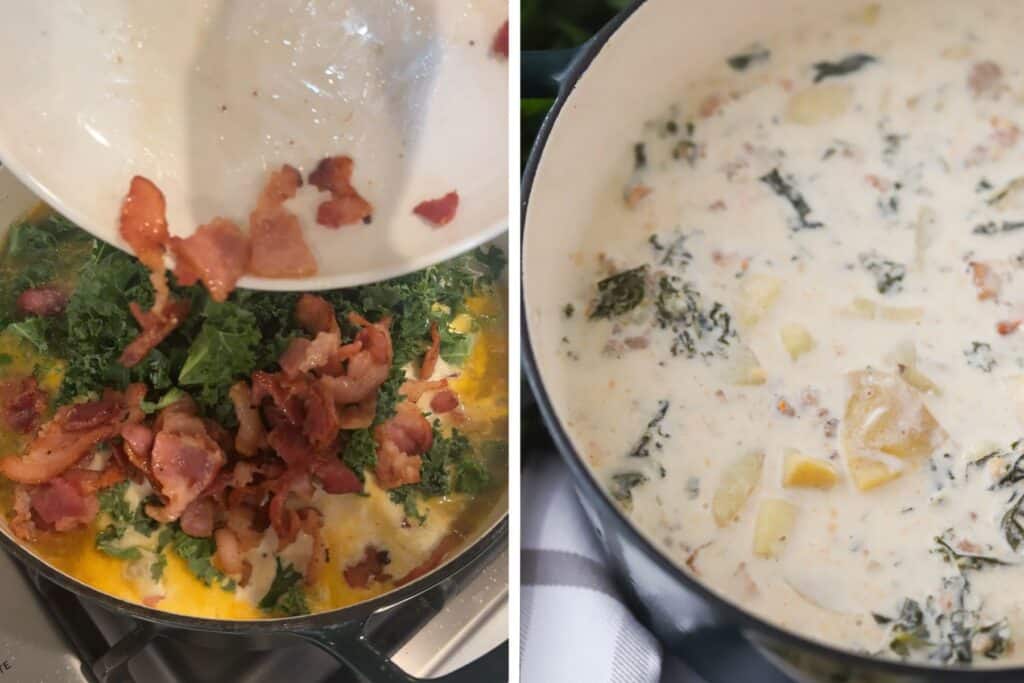 Zuppa Toscana in a pot with bacon bits added and heavy cream mixed in.