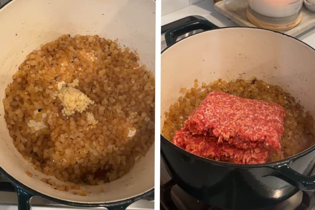 A Dutch oven pot with cooked onions on the bottom and raw sausage put over the top.