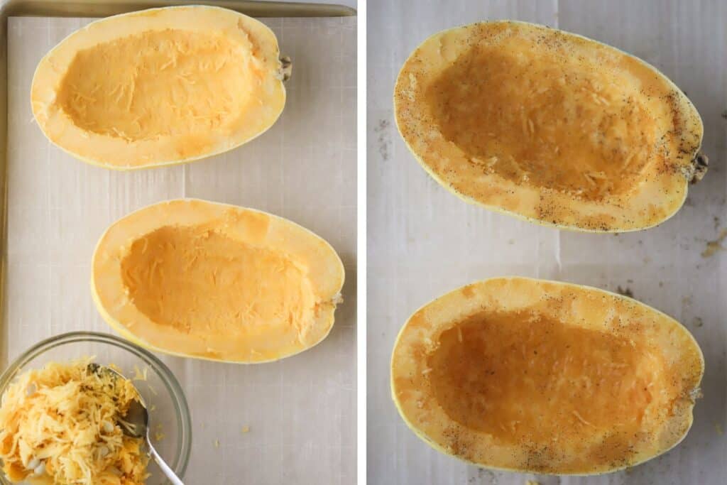 Carving out the insides of the squash.