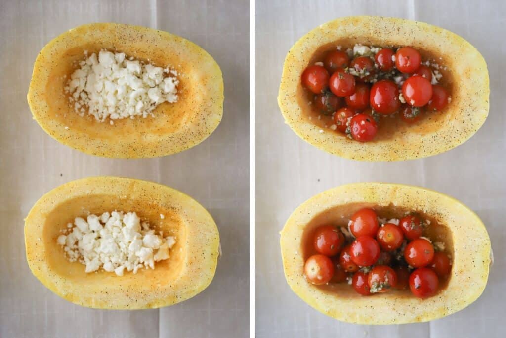 Squash halves filled with feta cheese and tomatoes, resting on a baking sheet.