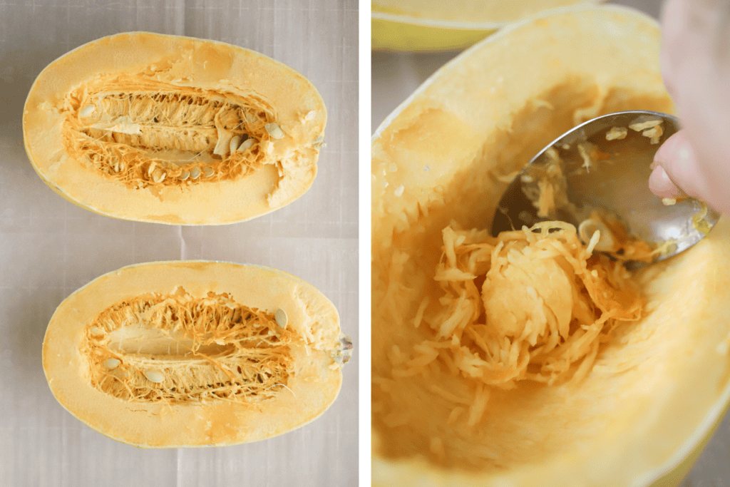 A hand scooping out the seeds of spaghetti squash.