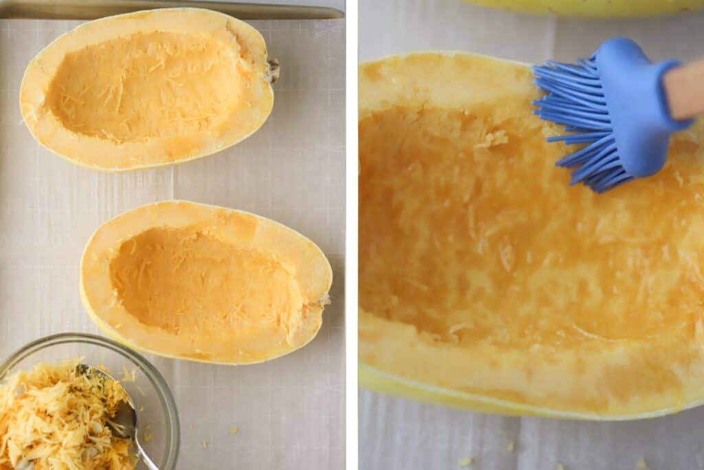 A brush brushing olive oil over the cut side of a squash.
