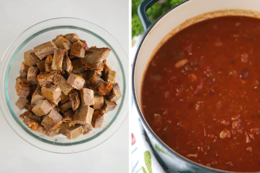 Beef brisket chunks next to a large pot of chili.